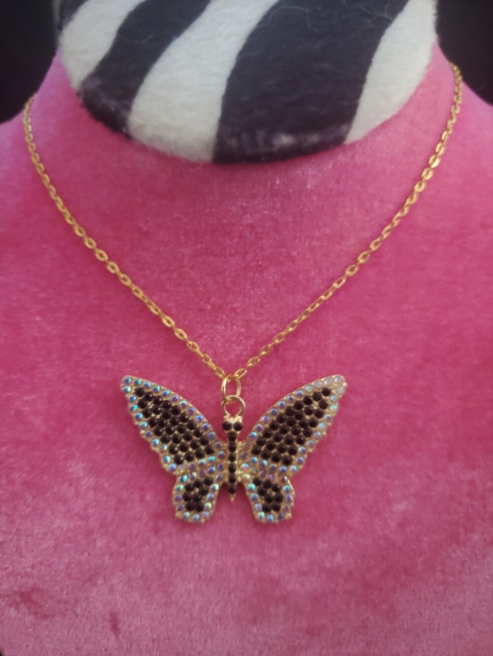 Gold Butterfly Pendant Necklace with Black Crystal Accents